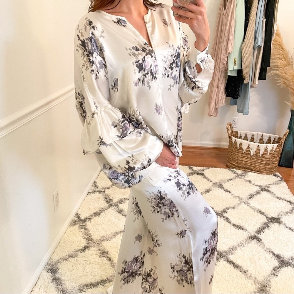 Ganni Cameron Floral Satin Blouse Top & Wide Leg Pant Set  M